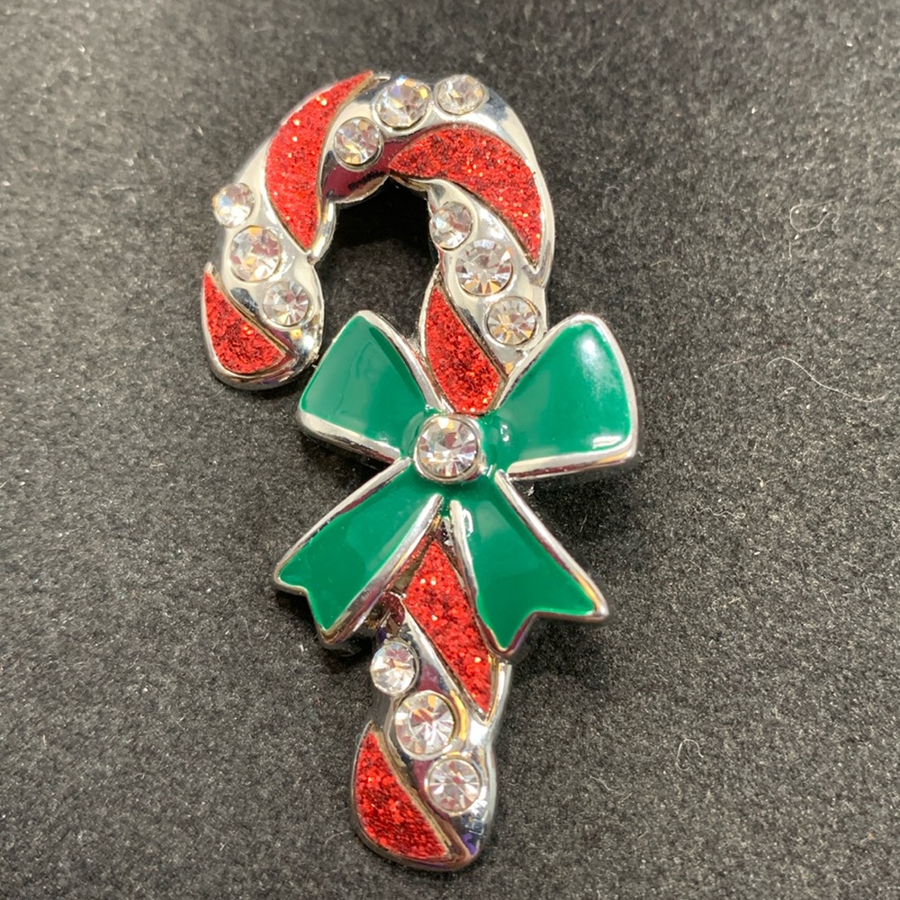 Danecraft Candy Cane Brooch Red Sparkly Enamel Green Silver Tone Vintage